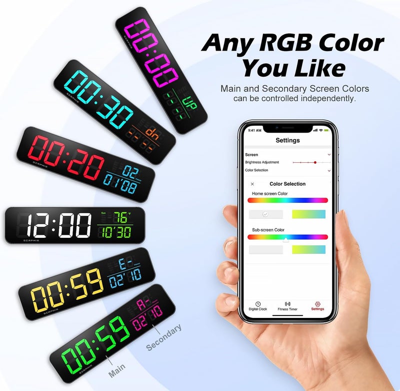 SERPHIX 15.2" Gym Timer, App & Remote Control, Customizable LED Colors, Temperature, Date, Workout Interval Timer Stopwatch Countdown Large Digital Wall Clock for Home Gym Garage - Image 5